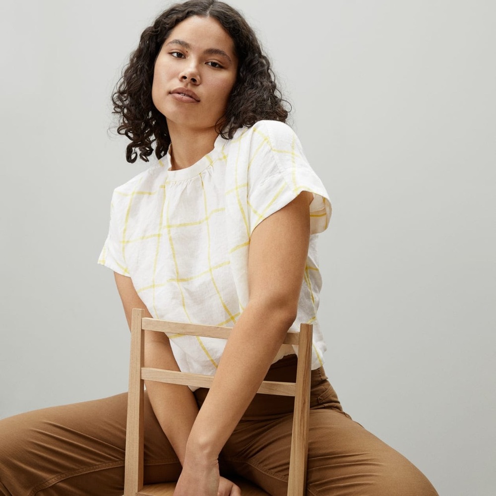 Everlane The Linen Drape Top, Size 6, Citrus Windowpane